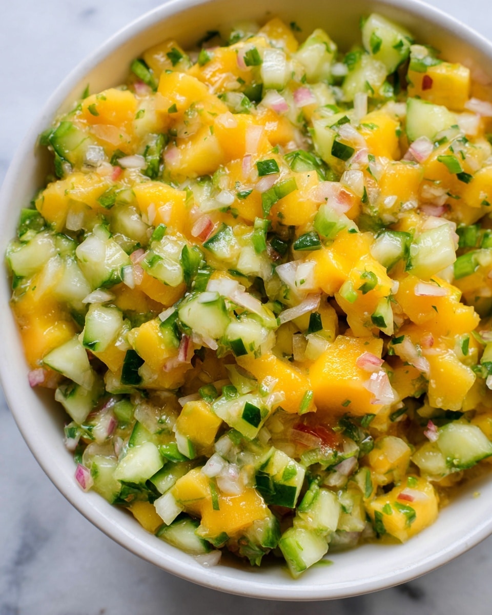 The image shows a close-up of a chunky salsa in a white bowl, sitting on a white marbled surface. The salsa has three main layers mixed together: small bright yellow mango chunks, diced green cucumber pieces with their darker green skin, and finely chopped translucent white onions. There are also small bits of fresh green herbs scattered throughout, with a slightly glossy texture from dressing, giving the salsa a fresh and colorful look. Photo taken with an iphone --ar 4:5 --v 7