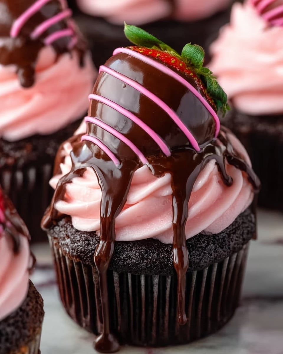 A close-up view of a chocolate cupcake with three main layers: a dark chocolate base, a thick layer of smooth pink frosting with ridged texture on top, and a shiny, rich dark chocolate sauce dripping down the pink frosting. On the very top, there is a large chocolate-covered strawberry decorated with pink stripes, and a small green leaf near the strawberry. The background shows blurred similar cupcakes on a white marbled surface. photo taken with an iphone --ar 4:5 --v 7