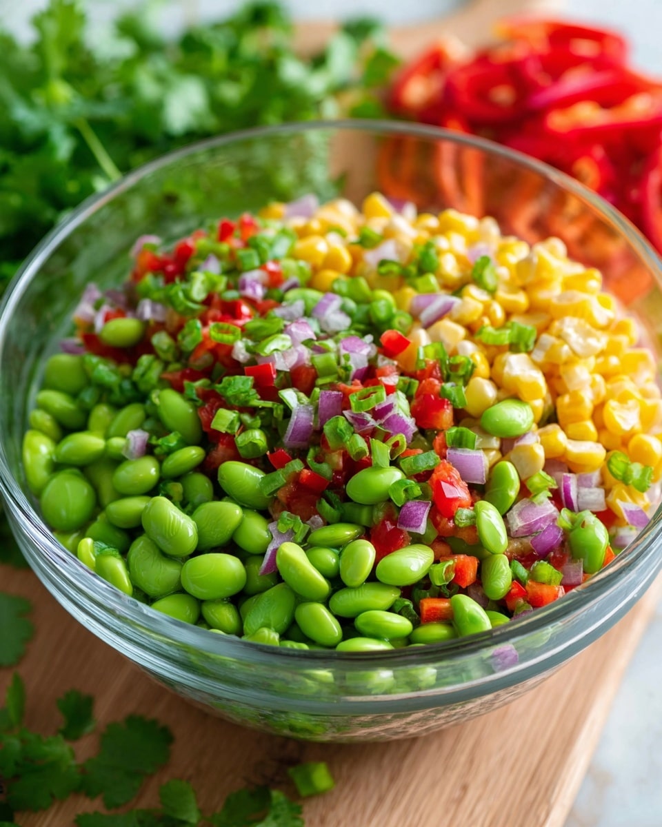 A clear glass bowl filled with a fresh salad made of three main layers mixed evenly. The first layer consists of bright green edamame beans with a smooth texture, filling most of the bowl's base; scattered throughout are yellow corn kernels that add a glossy, plump texture. The second layer includes small, diced red bell pepper pieces that provide a firm and juicy texture, mixed with finely chopped purple onions, adding slight crunch and color contrast. The top layer is sprinkled with chopped green onions and small green herb leaves, offering a fresh touch. The bowl sits on a light wooden surface, partly covered with fresh green cilantro and red bell peppers blurred in the background, enhanced by natural lighting on a white marbled texture. photo taken with an iphone --ar 4:5 --v 7