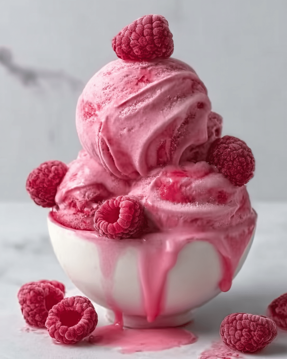 A white glass bowl filled with three layers of smooth and creamy raspberry ice cream in bright pink color, with the middle layer slightly melting and dripping down the side. Fresh raspberries are placed on top and around the bowl, and the white marbled background softly contrasts with the vibrant pink of the dessert. The texture of the ice cream is rich and swirled, showing its creamy softness. Photo taken with an iphone --ar 4:5 --v 7