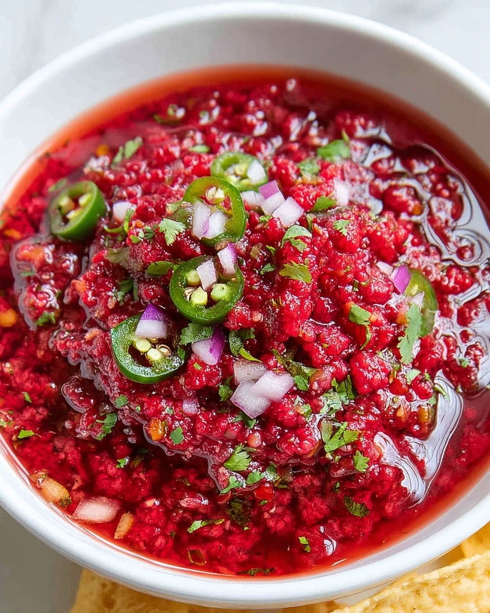 A close-up view of a white bowl filled with a vibrant red salsa made mostly of finely crushed raspberries, scattered with small chunks of light purple onion, bright green jalapeño slices, and fresh cilantro leaves. The salsa has a juicy texture with some liquid pooling around the edges inside the bowl. The bowl sits on a white marbled surface with a few pale yellow tortilla chips partly visible on the side. photo taken with an iphone --ar 4:5 --v 7