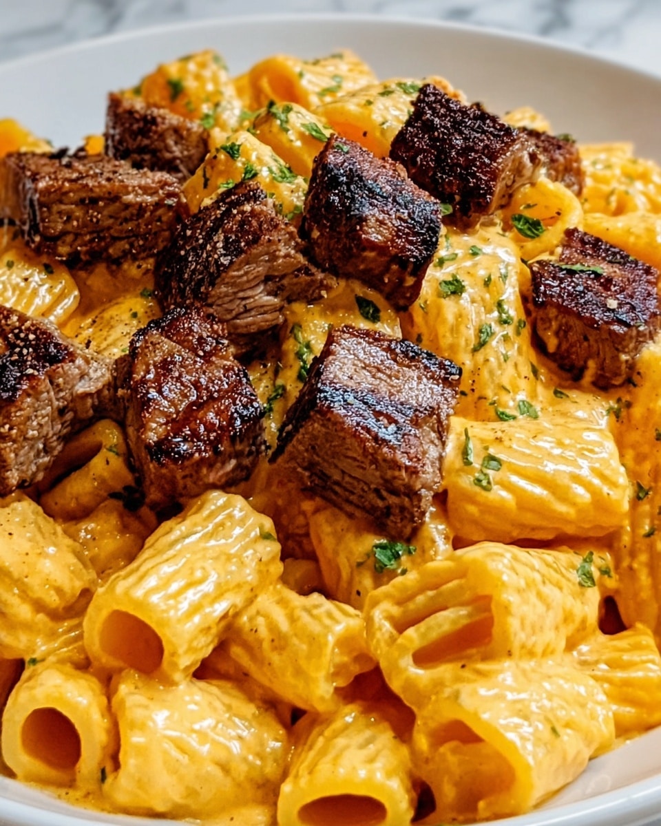 The image shows a close-up of a white plate filled with rigatoni pasta coated in a creamy orange sauce, arranged closely around the plate. On top of the pasta, there are several pieces of grilled beef cut into small cubes with a dark brown charred surface. The beef pieces are scattered evenly over the pasta. Small green herb sprinkles are added on top for a touch of color. The background is a white marbled surface. Photo taken with an iphone --ar 4:5 --v 7