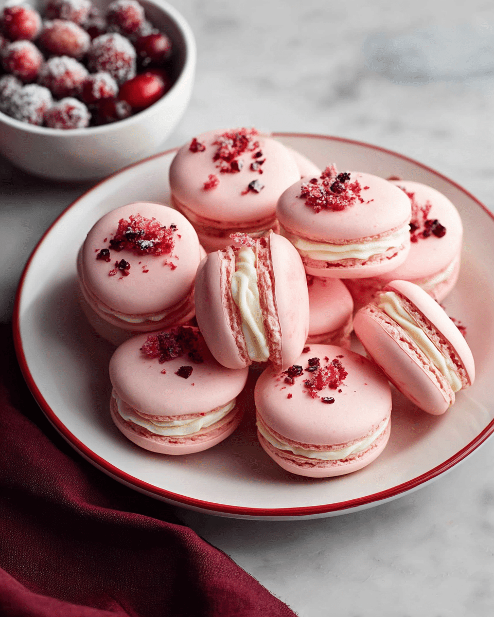 A white plate with a red rim holds a pile of pink macarons, each with two smooth, round pink shells sandwiching a thick layer of creamy white filling in the middle. Some macarons have small pieces of red and dark pink crumbs sprinkled on top, adding texture. The plate is placed on a white marbled surface, next to a white bowl filled with sugared cranberries and a dark red cloth draped beside it. photo taken with an iphone --ar 4:5 --v 7