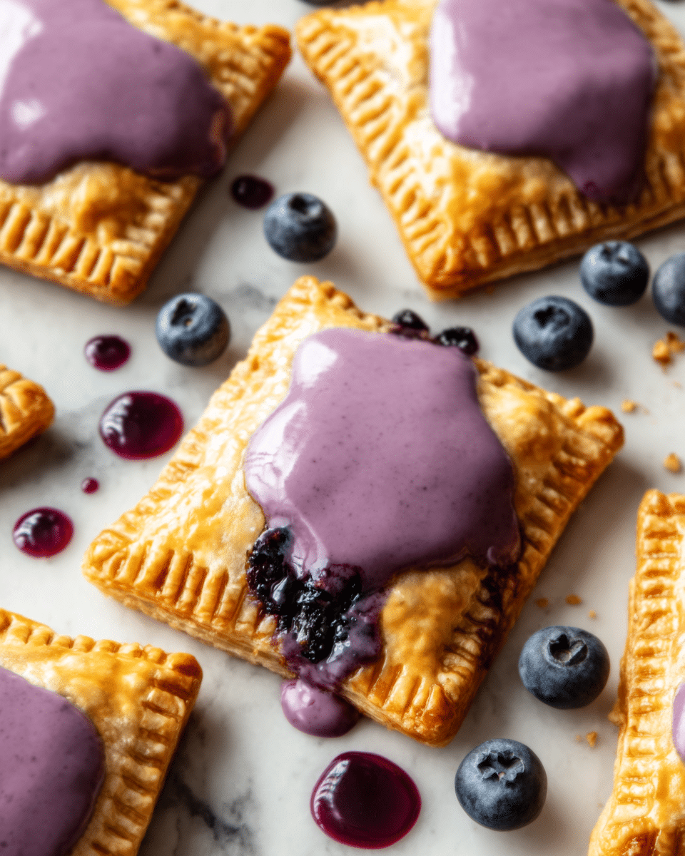 The image shows several small square pastries with golden brown, crimped edges arranged on a white marbled surface, each topped with a smooth, thick layer of purple-blue glaze that is slightly melting and dripping onto the surface. Around the pastries, there are scattered fresh blueberries and small drops of deep purple sauce. The texture of the pastries looks flaky and crisp, while the glaze appears glossy and creamy. photo taken with an iphone --ar 4:5 --v 7