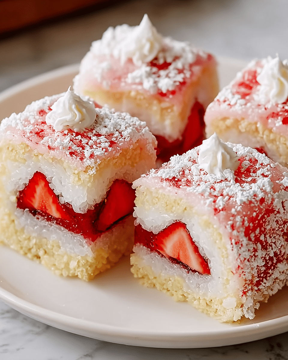 Four pieces of dessert sushi are placed closely on a white plate on a white marbled surface. Each sushi piece has three visible layers: the innermost layer is bright red, resembling a strawberry center; the middle layer is a thick, slightly sticky white rice layer; and the outer layer is light yellow, crumbly in texture like crushed biscuits or cake. The sushi pieces are topped with a dusting of white powdered sugar that looks soft and powdery, scattered unevenly with a small dollop of white cream on each piece. The overall look is neat and colorful, with the red center standing out vividly against the pale and powdery outer layers. photo taken with an iphone --ar 4:5 --v 7