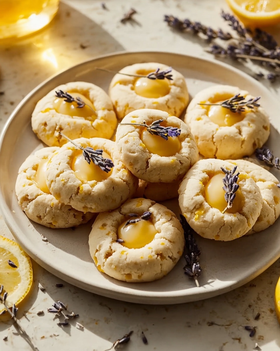 A white plate holds about ten soft, round cookies, each with a cracked light beige dough base speckled with tiny yellow bits. At the center of each cookie, there is a smooth, glossy dollop of pale yellow cream forming a small pool. On top of the cream, a tiny sprig of dried lavender with dark purple buds rests gently. The plate sits on a white marbled texture surface, and some extra dried lavender sprigs and lemon slices are placed casually around. The light is warm and natural, creating soft shadows and a cozy feel. Photo taken with an iphone --ar 4:5 --v 7