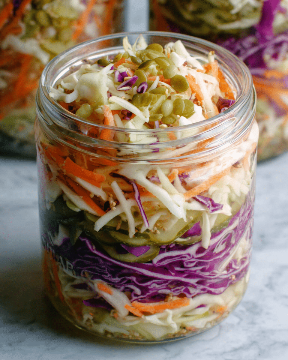 The image shows a clear glass jar filled with a fresh vegetable salad. The bottom layer consists of thin, long purple cabbage strips, topped by a layer of thin white cabbage. Above that, there are small shredded carrot pieces adding orange color. The salad is mixed with thin slices of pickles or cucumbers spread on top, visible as light green pieces with seeds. The ingredients look moist and slightly shiny, indicating freshness and a light dressing. The jar is placed on a white marbled texture background. Photo taken with an iphone --ar 4:5 --v 7