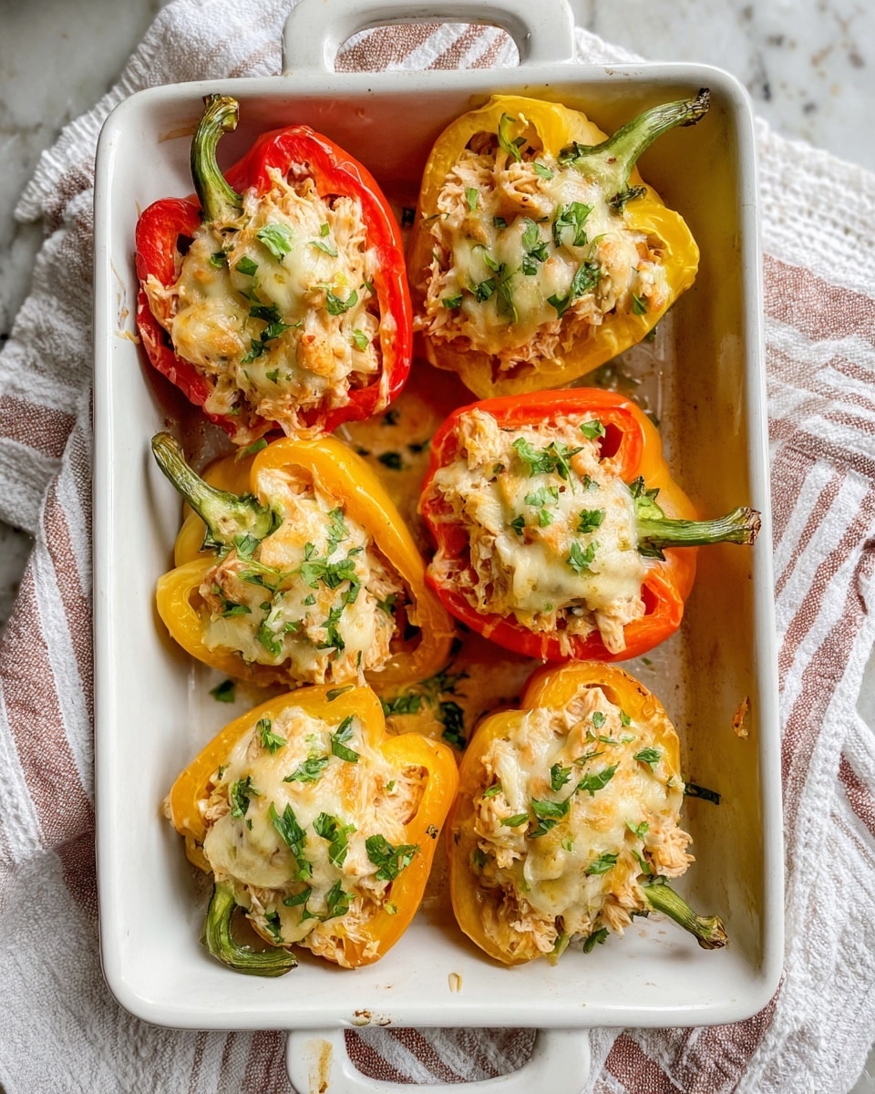 A white rectangular baking dish holds six stuffed bell pepper halves with their handles intact, arranged in two rows. The peppers come in bright red, yellow, and orange colors, each filled with a mixture of shredded chicken topped with melted light beige cheese and small green chopped herbs. The baking dish rests on a cloth with soft white and muted pink stripes, set over a white marbled textured surface that imitates a kitchen counter. photo taken with an iphone --ar 4:5 --v 7