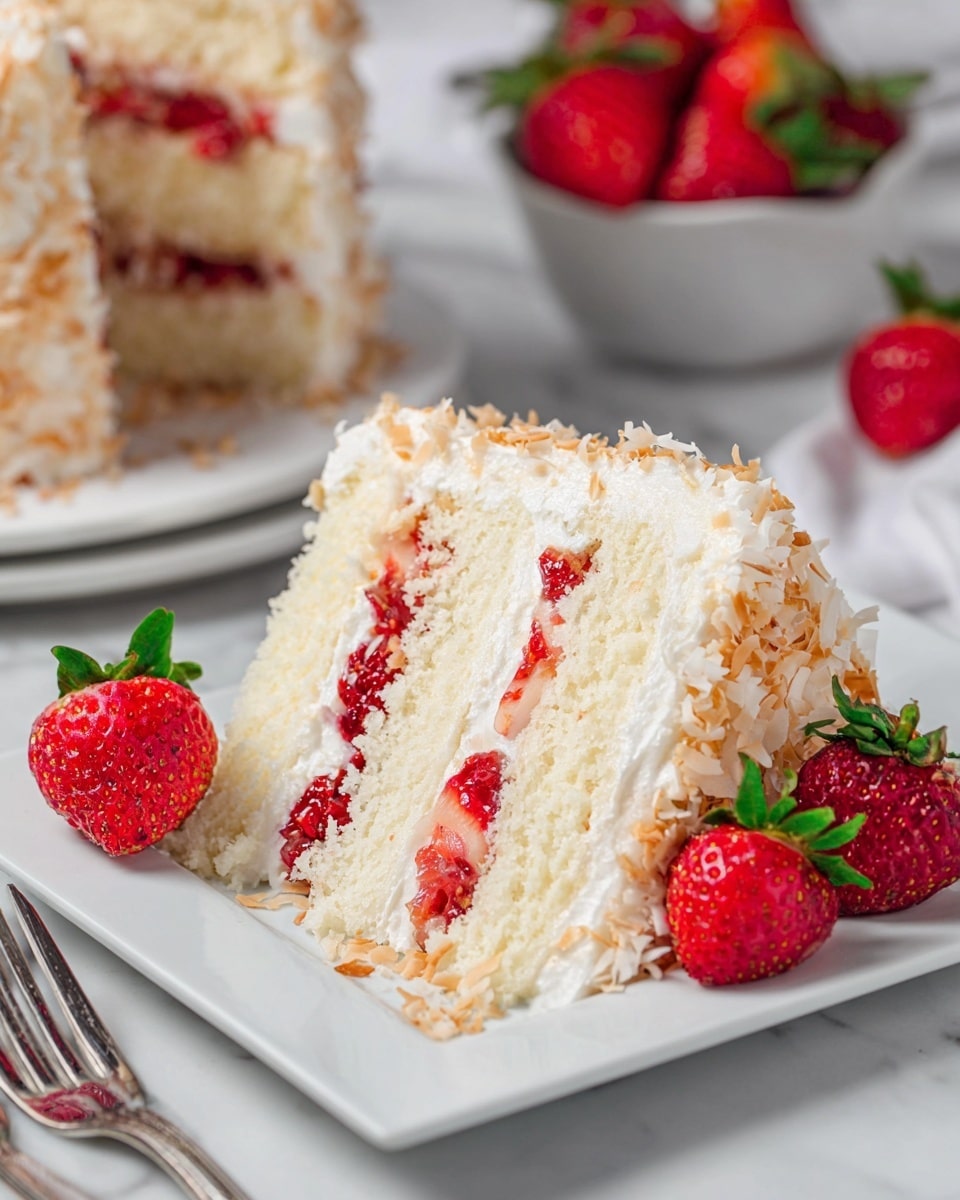 A slice of white layered cake sits on a square white plate on a white marbled surface, showing three layers of soft, fluffy white cake with two middle layers of fresh red strawberry pieces and white frosting. The cake's outer side is covered with toasted coconut flakes, giving it a textured look. Fresh whole strawberries are placed around the cake slice, with a bowl filled with more strawberries in the background. A silver fork lays next to the plate. Photo taken with an iphone --ar 4:5 --v 7