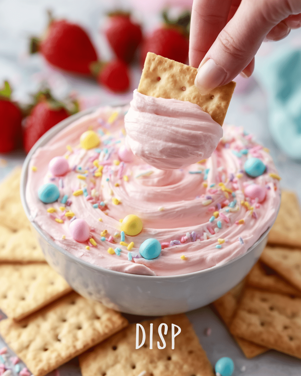 The image shows a white bowl filled with light pink creamy dip swirled into smooth, thick spirals. On top of the dip, small round candy decorations in pastel colors of blue, pink, yellow, and white are scattered along with tiny multi-colored sprinkles. Surrounding the bowl are light brown square crackers and visible red strawberries in the background. A woman's hand holds one cracker dipped halfway into the pink dip, lifting it slightly above the bowl. The scene is set on a white marbled surface, with soft natural light highlighting the creamy texture and colorful accents of the dip. photo taken with an iphone --ar 4:5 --v 7