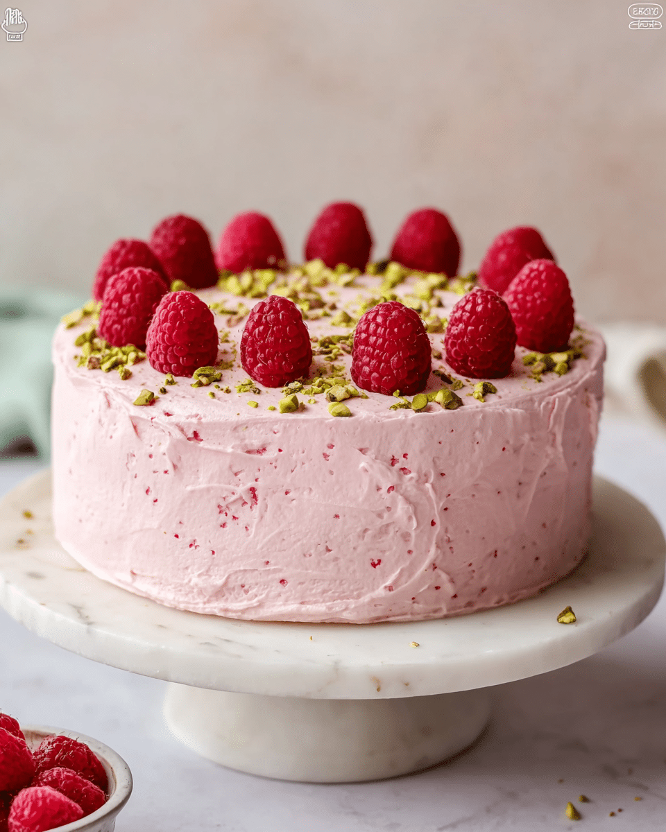 A round cake covered in smooth light pink frosting with small red specks, about two layers thick. The top is decorated with fresh bright red raspberries placed evenly around the surface. Crushed green pistachios are sprinkled between the raspberries, adding texture and color contrast. The cake sits on a white marble stand, all set on a white marbled surface. The background is soft and blurry with neutral tones. photo taken with an iphone --ar 4:5 --v 7