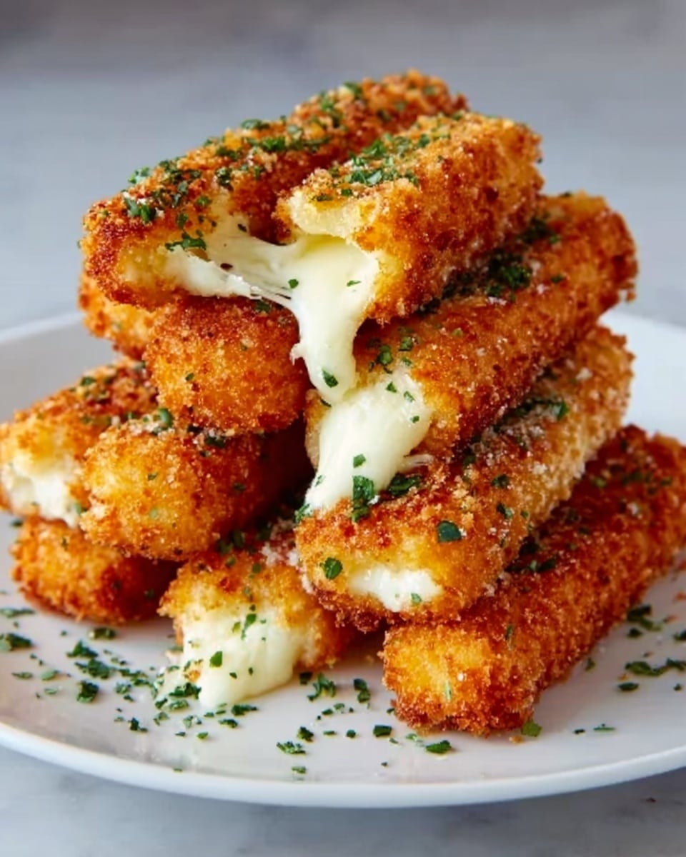 The image shows a stack of six golden brown fried sticks with a crispy breaded coating on a white plate, each stick filled with gooey, melted white cheese that stretches slightly from the broken piece on top. The cheese sticks are sprinkled with small green herb bits for garnish. The plate is placed on a smooth white marbled surface. Photo taken with an iphone --ar 4:5 --v 7