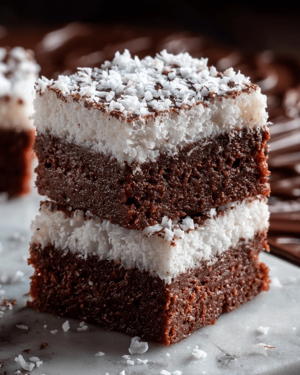 The image shows two square treats stacked on top of each other on a white marbled surface, with a close-up focus. Each treat has two layers: the bottom layer is a thick, dark brown with a dense, chewy texture, while the top layer is a bright white, sprinkled with small white flakes that add a rough texture. The background has soft, blurred dark brown swirls that match the color of the bottom layer of the treats. Small white flakes are scattered around the treats. Photo taken with an iphone --ar 4:5 --v 7