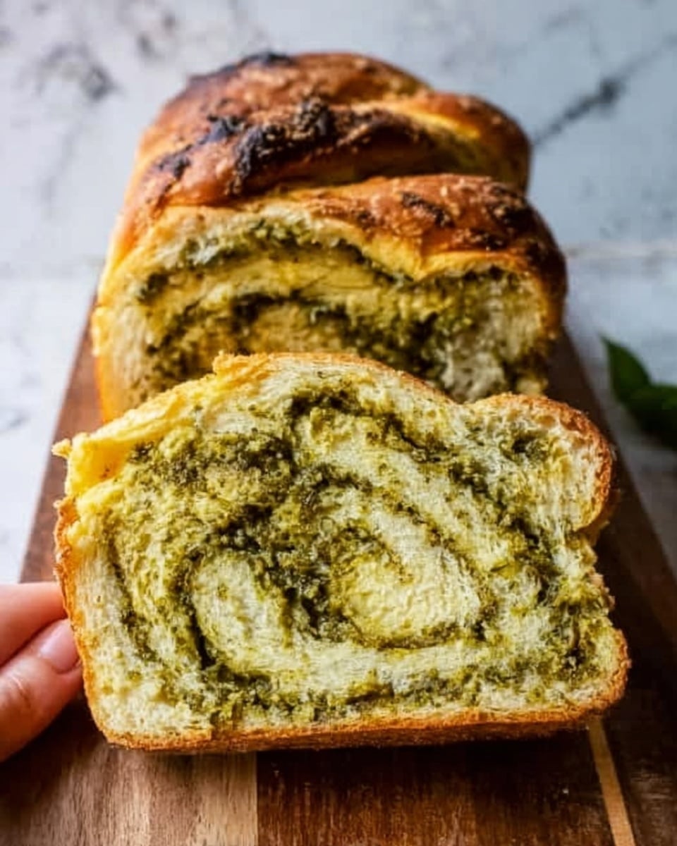 A loaf of braided bread displayed on a wooden board against a white marbled surface, featuring three thick layers. The outer crust is golden brown with a slightly shiny texture and a few darker brown spots. Inside, there are two visible swirled layers made of a creamy light yellow dough mixed with a vibrant green herb filling that has a coarse texture. The loaf is sliced to reveal the spiral pattern of the herb spread in the soft, fluffy bread layers. A woman's hand is gently touching the bread from the top right. Photo taken with an iphone --ar 4:5 --v 7