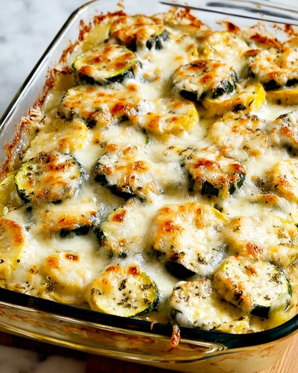 The image shows a baked zucchini gratin in a clear glass rectangular dish with about two layers of thinly sliced zucchini pieces. The zucchini slices have green skin and pale green flesh, covered evenly with melted and slightly browned cheese that forms a bubbly, golden melted layer on top. The dish is placed on a white marbled surface. Photo taken with an iphone --ar 4:5 --v 7