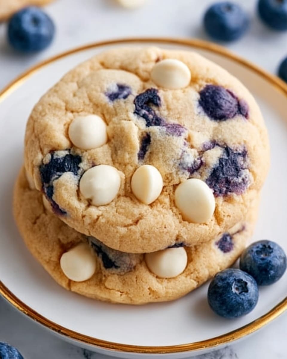 Two soft cookies stacked on a white plate with a thin yellow border, each cookie filled with plump dark blueberries and scattered with white chocolate chips. The cookie texture is slightly golden and studded with visible blueberries that create dark purple patches, with smooth, creamy white chips spread evenly on the surface. Around the plate, a few fresh blueberries are placed on a white marbled surface, adding a fresh touch. The image is close-up and bright, showcasing the cookie's soft and chewy texture. Photo taken with an iphone --ar 4:5 --v 7