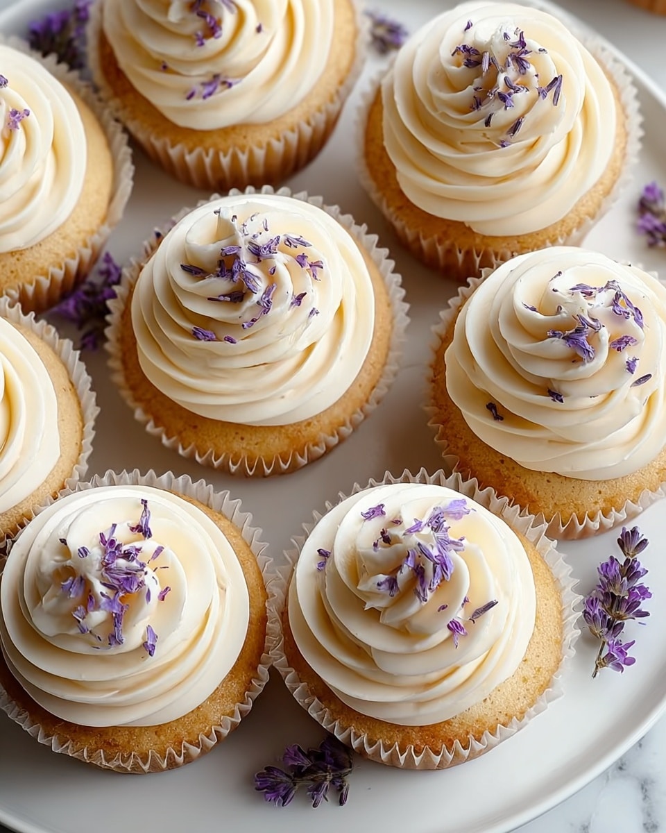 A white plate holds nine golden brown cupcakes arranged in three rows, each topped with a thick swirl of smooth, creamy white frosting. Small purple lavender buds are sprinkled on the frosting peaks, adding a delicate touch of color. The cupcakes sit in white paper liners, and around the plate are a few sprigs of fresh lavender, enhancing the natural, gentle feel. The background features a white marbled texture that keeps the focus on the cupcakes. photo taken with an iphone --ar 4:5 --v 7