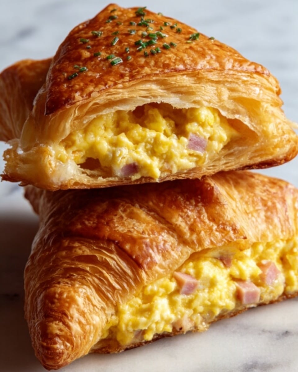 Two triangular, golden-brown puff pastries stacked on top of each other, filled with soft, creamy scrambled eggs mixed with small pieces of ham. The pastries have a crispy, flaky texture with a shiny surface sprinkled with green herbs. The inside filling is yellow with pink bits of ham, looking warm and fresh. They rest on a white marbled surface. Photo taken with an iphone --ar 4:5 --v 7
