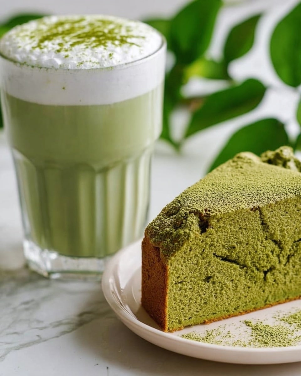 A close-up of a rectangular green matcha cake with a smooth top cracked in the middle, showing a soft and fluffy inner texture. The cake is placed on a white plate resting on a white marbled surface. To the right, there is a tall clear glass filled with light green matcha milk topped with white foam and sprinkled with matcha powder. Some green leaves are scattered around on the white marbled background. Photo taken with an iphone --ar 4:5 --v 7