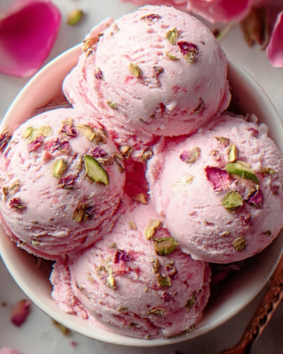 A close-up view of multiple scoops of creamy pink ice cream in a white bowl, with a smooth texture and bits of green pistachio nuts mixed throughout. Each scoop is rounded and stacked closely inside the bowl, highlighting the soft and slightly melting surface. The background is a white marbled texture with pink flower petals scattered around, adding a delicate touch to the scene. photo taken with an iphone --ar 4:5 --v 7