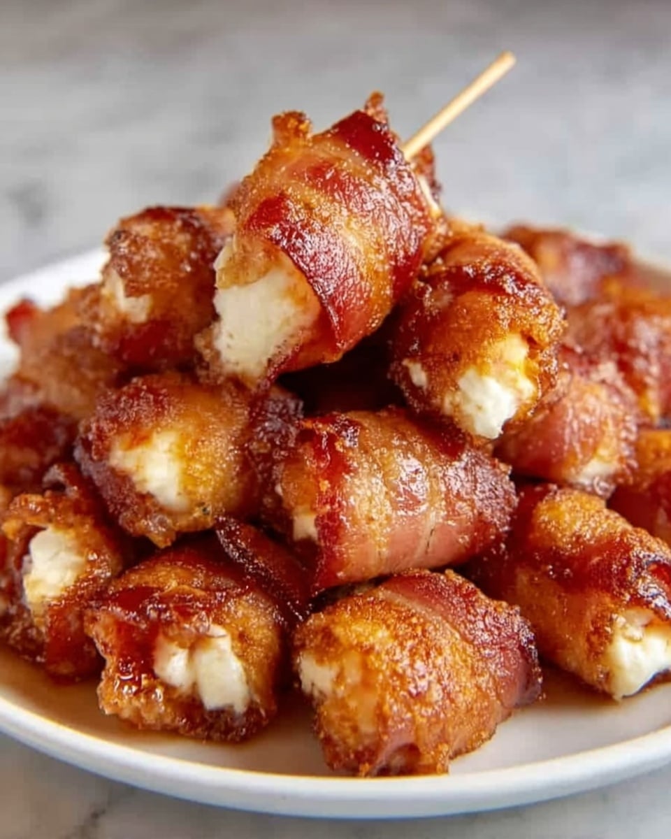 A white plate filled with several pieces of crispy, golden-brown bacon-wrapped jalapeño poppers stacked in a loose pile. Each popper shows a creamy white cheese filling inside the jalapeño, with the bacon tightly wrapped around and fried to a crunchy texture. The jalapeños giving a glossy, reddish-brown look from the cooked bacon with a slight sparkle from the sauce or glaze on top. Wooden skewers stick out from a few poppers, holding them together. The plate sits on a white marbled surface. Photo taken with an iphone --ar 4:5 --v 7