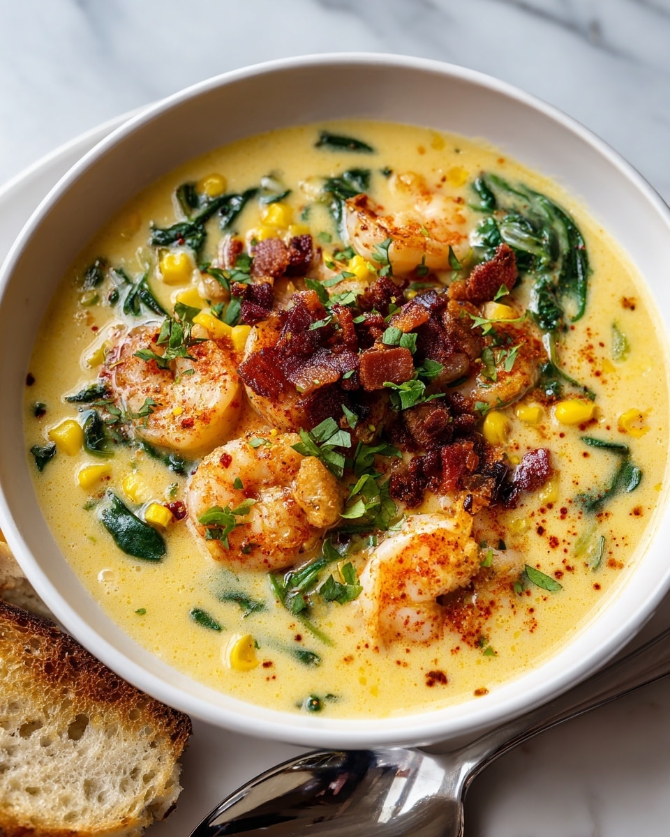 The image shows a white bowl filled with creamy yellow soup, layered with pieces of orange shrimp, bits of green leafy spinach, and small yellow corn kernels evenly spread throughout. On one side of the soup, there are crispy brown bacon bits topped with chopped fresh green herbs, and a light dusting of orange-red spice powder adds a pop of color. The bowl is placed on a white marbled surface with a spoon beside it and toasted bread partially visible at the bottom left edge. photo taken with an iphone --ar 4:5 --v 7