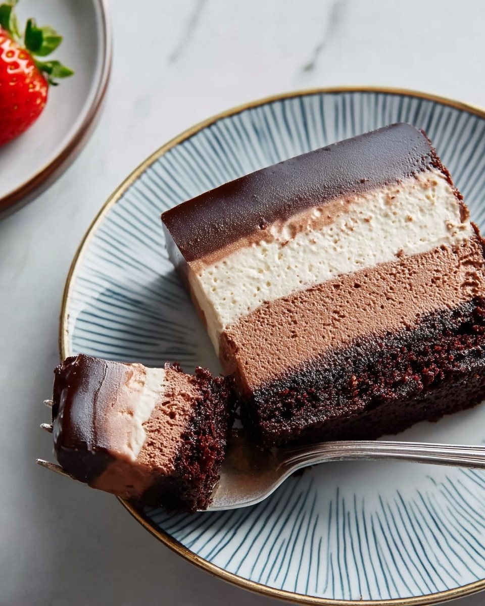 A slice of three-layer chocolate cake sits on a white plate with soft blue radial patterns; the bottom layer is a dark, moist chocolate cake, above it is a smooth medium brown chocolate mousse, with a glossy dark chocolate ganache forming the shiny top layer. A silver fork is inserted into the cake from the left, with its tines partially inside the mousse layer. The plate rests on a white marbled surface, and a bit of a strawberry can be seen on another white plate at the bottom left. photo taken with an iphone --ar 4:5 --v 7
