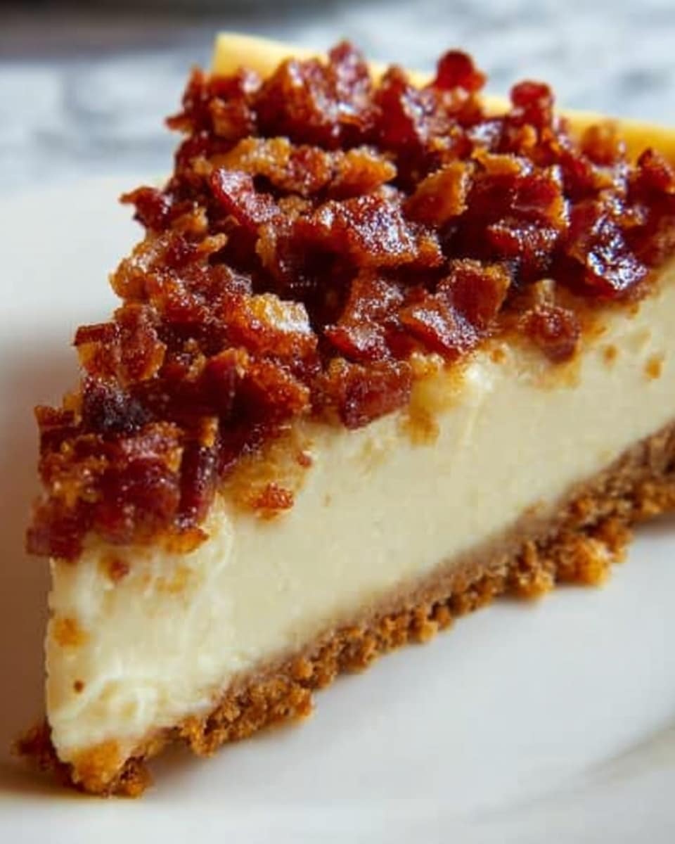 A close-up image shows a thick slice of creamy cheesecake with a light golden-brown crust at the bottom. The cheesecake layer is smooth and pale yellow with a dense, soft texture. On top, there is a generous layer of crispy, dark red bacon bits, which look crunchy and slightly oily, covering the entire top surface and spilling a little over the sides. The slice is placed on a white plate sitting on a white marbled surface. Photo taken with an iphone --ar 4:5 --v 7