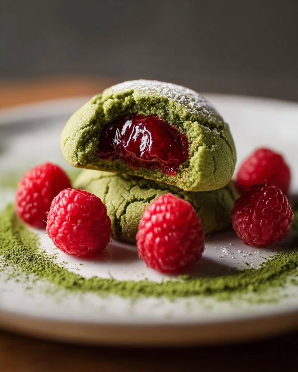 The image shows two green cookies stacked slightly on a white plate with a light dusting of green powder spread around them. The top cookie has a glossy red jam filling in the center with a cracked, textured surface around the edges. Four fresh, bright red raspberries are placed on the plate, two in the foreground and two in the background near the cookies. The background is a soft dark brown and the lighting highlights the textures and colors of the cookies, jam, and raspberries. photo taken with an iphone --ar 4:5 --v 7