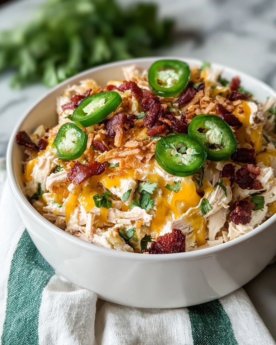 A white bowl filled with a layered dish starting with a base of shredded white chicken pieces mixed with green cilantro leaves, followed by a layer of crispy light brown fried onions scattered on top. There are melted golden yellow cheddar cheese drizzles covering the layers partially. Bright green sliced jalapeño rings and small pieces of dark red crispy bacon are sprinkled over as the top layer, adding a mix of colors and textures. The bowl sits on a white marbled texture surface with a hint of a green-striped cloth nearby, creating a fresh and vibrant look. Photo taken with an iphone --ar 4:5 --v 7
