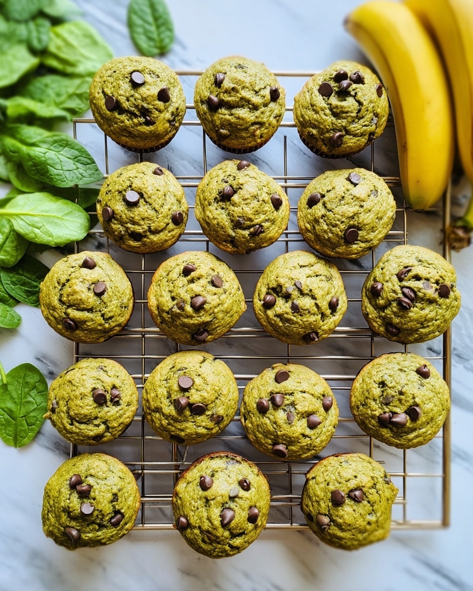 This image shows a cooling rack holding 18 greenish muffins scattered with dark chocolate chips. The muffins have a rough, slightly cracked top texture and a soft, moist look. They are arranged in three uneven rows on a white marbled surface. To the left, some fresh spinach leaves add a bright green contrast, and on the right, a bunch of yellow bananas is partly visible. The overall scene feels fresh and healthy with a hint of homemade charm. photo taken with an iphone --ar 4:5 --v 7