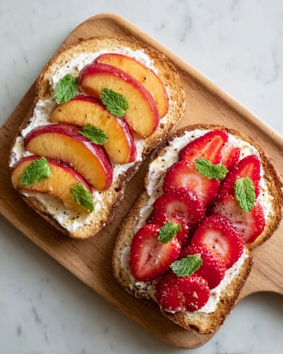 Two slices of toasted bread on a wooden board scattered with fresh strawberries. Each slice is generously spread with creamy white cheese, with the left one layered neatly with thin, fan-shaped peach slices, and the right one topped with halved strawberries and a few small green mint leaves. Both toasts have a drizzle of golden honey over the fruit, creating a shiny texture. A woman's hand is holding the board on the left side, and the background is a white marbled texture. photo taken with an iphone --ar 4:5 --v 7