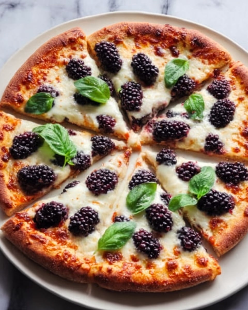 A round pizza cut into six slices is shown with a golden-brown crust, topped with melted white cheese spread evenly across the surface. Large, dark purple blackberries are scattered on top, contrasting with bright green basil leaves placed in several spots. The pizza rests on a white plate, and the background is a white marbled texture. Photo taken with an iphone --ar 4:5 --v 7