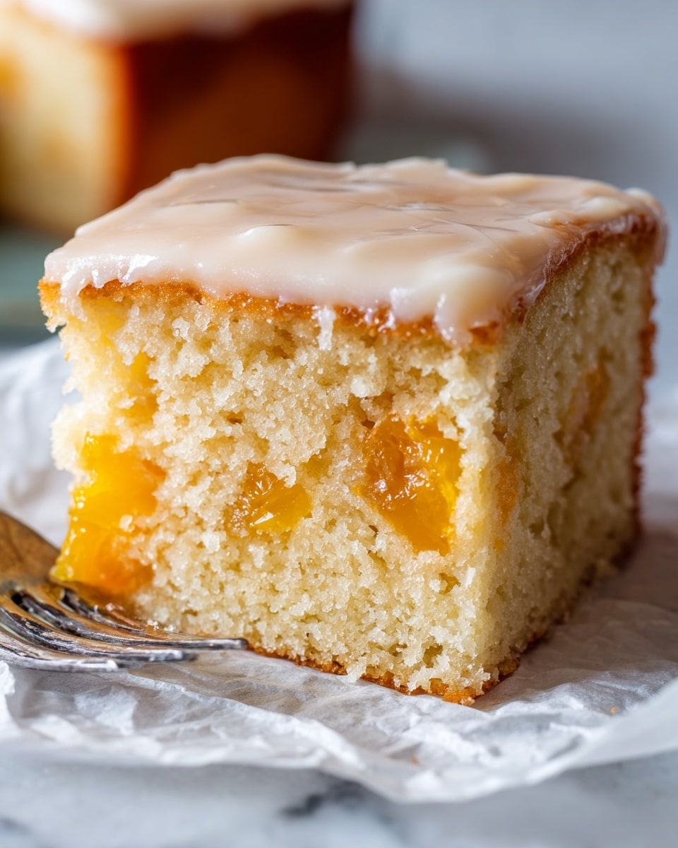 The image shows a close-up of a square slice of cake on crumpled white parchment paper set on a white marbled surface. The cake has two visible layers: a thick, moist, light yellow base with chunks of orange fruit inside, and a smooth, glossy, slightly cracked light tan icing on top. The cake appears soft and spongy with a dense texture in the bottom layer and a creamy, shiny finish on the top layer. A silver fork is partially visible next to the slice, adding to the casual presentation. Photo taken with an iphone --ar 4:5 --v 7