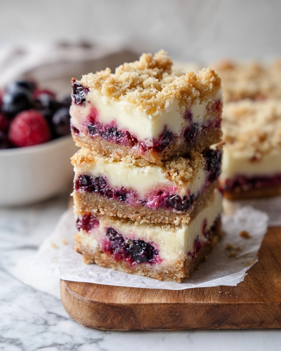 A close-up of three stacked dessert bars on a wooden tray with parchment paper, each bar showing four layers: the bottom layer is a light brown crumbly crust, the second layer is a thick creamy white cheesecake filling, the third layer has bright berry pieces in red and dark purple mixed into the cheesecake, and the top layer is a golden crumbly oat topping with visible oat texture and berry stains. In the background, there is a white ramekin filled with dark and red berries on a white marbled surface. photo taken with an iphone --ar 4:5 --v 7