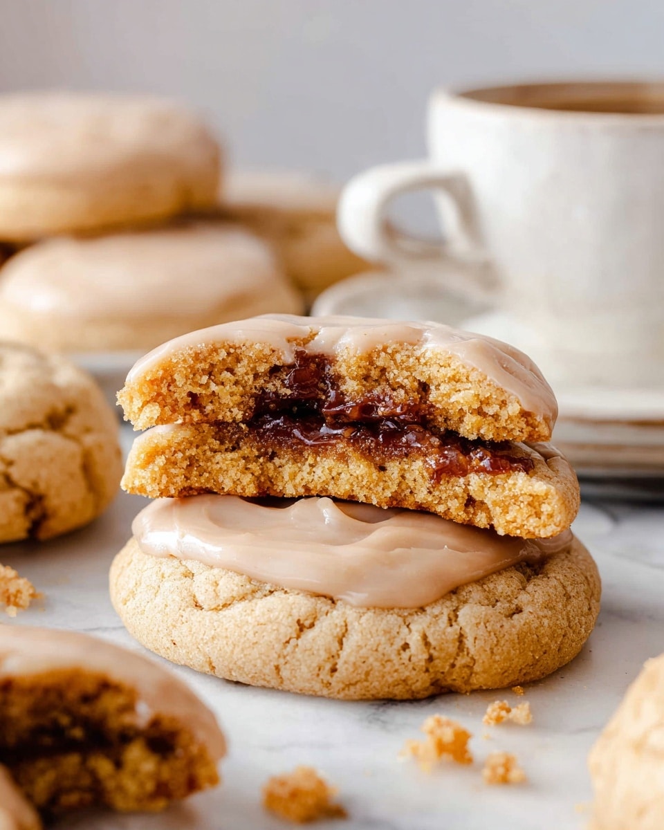 A stack of soft, thick cookies with a light beige color, topped with a smooth light brown glaze. The top cookie is broken in half, revealing a gooey, darker cinnamon brown filling inside. Crumbs in different shades of golden brown are scattered around the cookies on the white marbled surface. In the background, a white plate with a light brown cup partially visible adds depth to the scene. Photo taken with an iphone --ar 4:5 --v 7