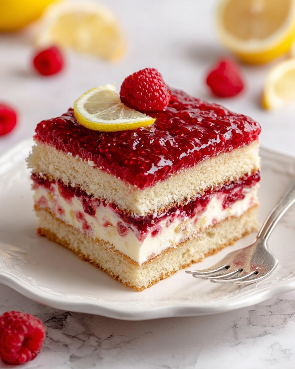 A square layered dessert sits on a white plate with scalloped edges, resting on a white marbled surface. The dessert has five visible layers: a light beige cake layer at the bottom, a creamy white layer above it, followed by a bright red raspberry jam layer, another cake layer, and a smooth white cream layer. The top is covered with a thick, glistening red raspberry glaze, decorated with a single fresh raspberry and a thin slice of lemon on the top left corner. In the background, blurred bowls of fresh raspberries add to the scene, along with a fork placed to the right of the plate. Photo taken with an iphone --ar 4:5 --v 7