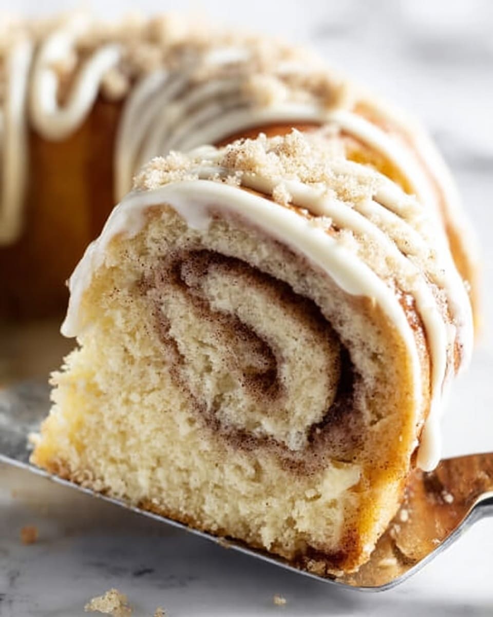 The image shows a close-up of a cinnamon roll with a soft, light brown outer layer and a swirled inner layer of cinnamon filling. The roll is topped with thick cream cheese frosting drizzled in neat lines over the top, along with a sprinkle of crushed nuts or cinnamon sugar that adds a rough texture. The roll is held on a metal spatula, resting on a white marbled surface. More cinnamon rolls blurred in the background suggest a fresh batch. Photo taken with an iphone --ar 4:5 --v 7