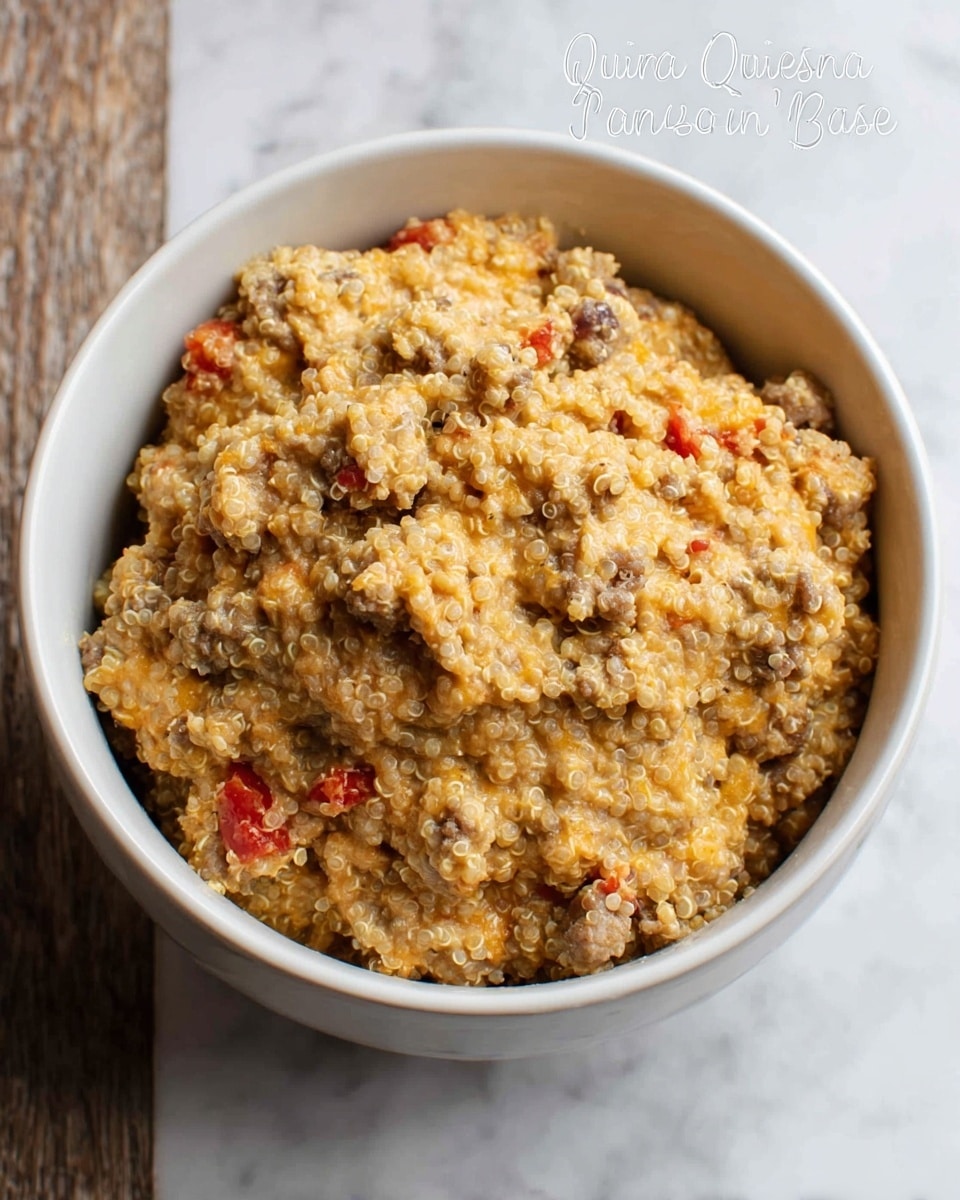 A white bowl filled with a mixed quinoa breakfast dish that looks creamy and slightly chunky. The bowl holds about two layers: a base of cooked quinoa with small grains in a light tan color, mixed evenly with small browned sausage pieces and bits of melted yellow cheese. There are tiny red and green specks scattered throughout, likely small vegetables or seasoning, giving bits of color contrast. The bowl is placed on a white marbled surface. Photo taken with an iphone --ar 4:5 --v 7