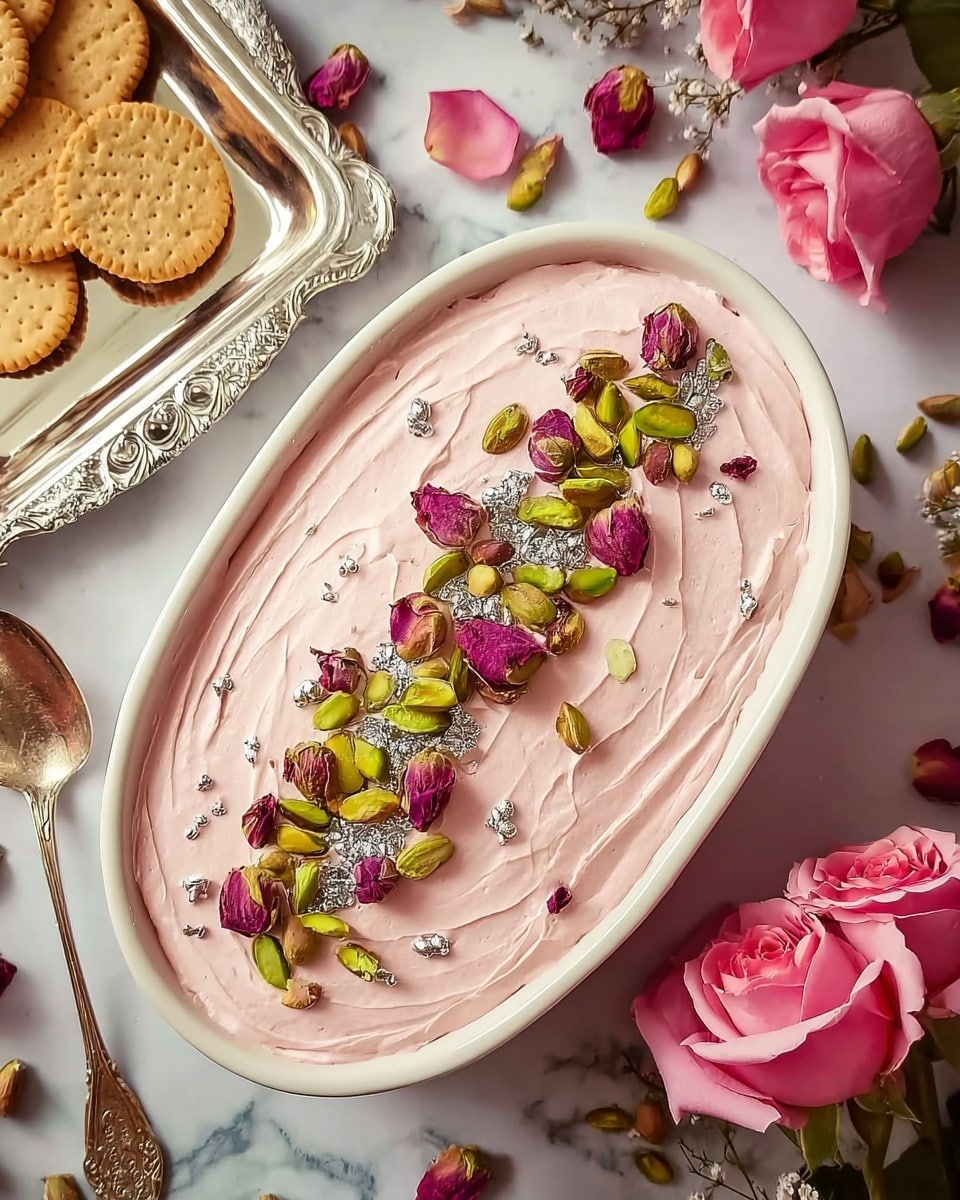 A creamy dessert in an oval white bowl sits on a white plate with a golden rim, placed on a white marbled surface. The dish has one smooth layer of light pink whipped cream spread evenly, topped in the center by a strip of chopped green pistachios, pink rose petals, and small silver-coated nuts, adding color and texture contrast. Around the scene are dark pink roses and green rose leaves, with a glass tray of light brown rectangular biscuits and a silver butter knife nearby. Photo taken with an iphone --ar 4:5 --v 7