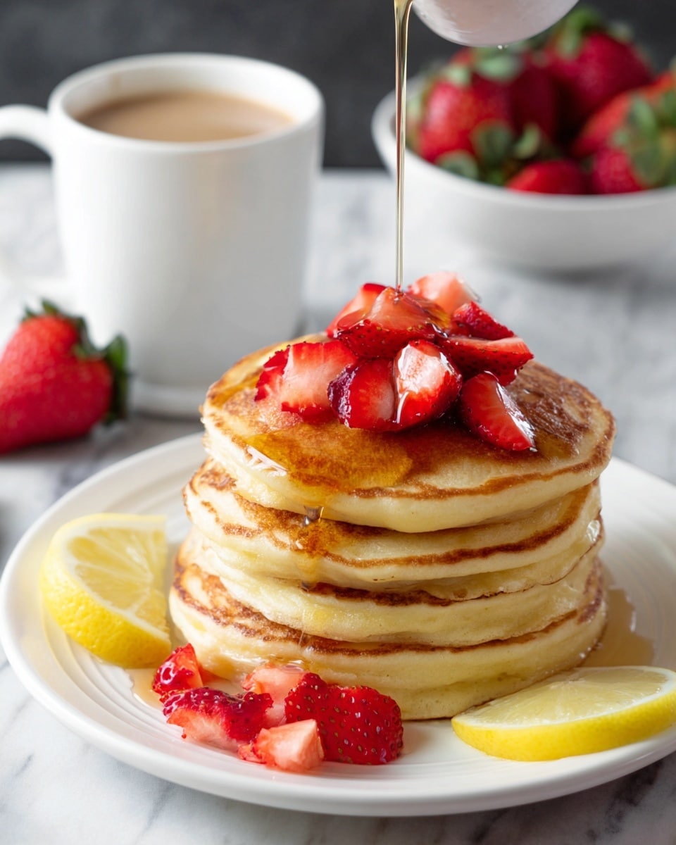 A stack of four thick, golden-brown pancakes sits on a white plate with a few fresh strawberry slices on top, showing deep red and shiny textures. Maple syrup is being poured over the pancakes, slowly dripping down the sides. Around the base, there are thin yellow lemon slices and extra strawberry pieces. In the blurred background, a white cup of coffee and a white bowl with whole strawberries can be seen on a white marbled surface with a striped cloth. photo taken with an iphone --ar 4:5 --v 7