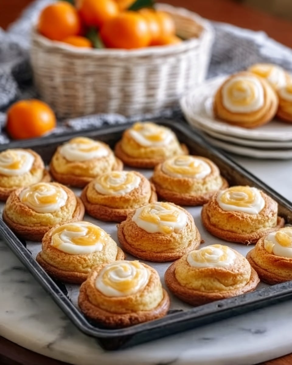 The image shows a square white baking pan filled with nine round, golden-brown cookies arranged in three rows of three. Each cookie has a slightly raised edge and a creamy white swirl design on top, with a small segment of a fruit slice placed in the center of each cookie. The pan is set on a white marbled surface, and in the background, there is a white bowl filled with bright orange fruits and a white plate holding more cookies. A woman's hand holding a knife is partially visible near the edge of the image. Photo taken with an iphone --ar 4:5 --v 7
