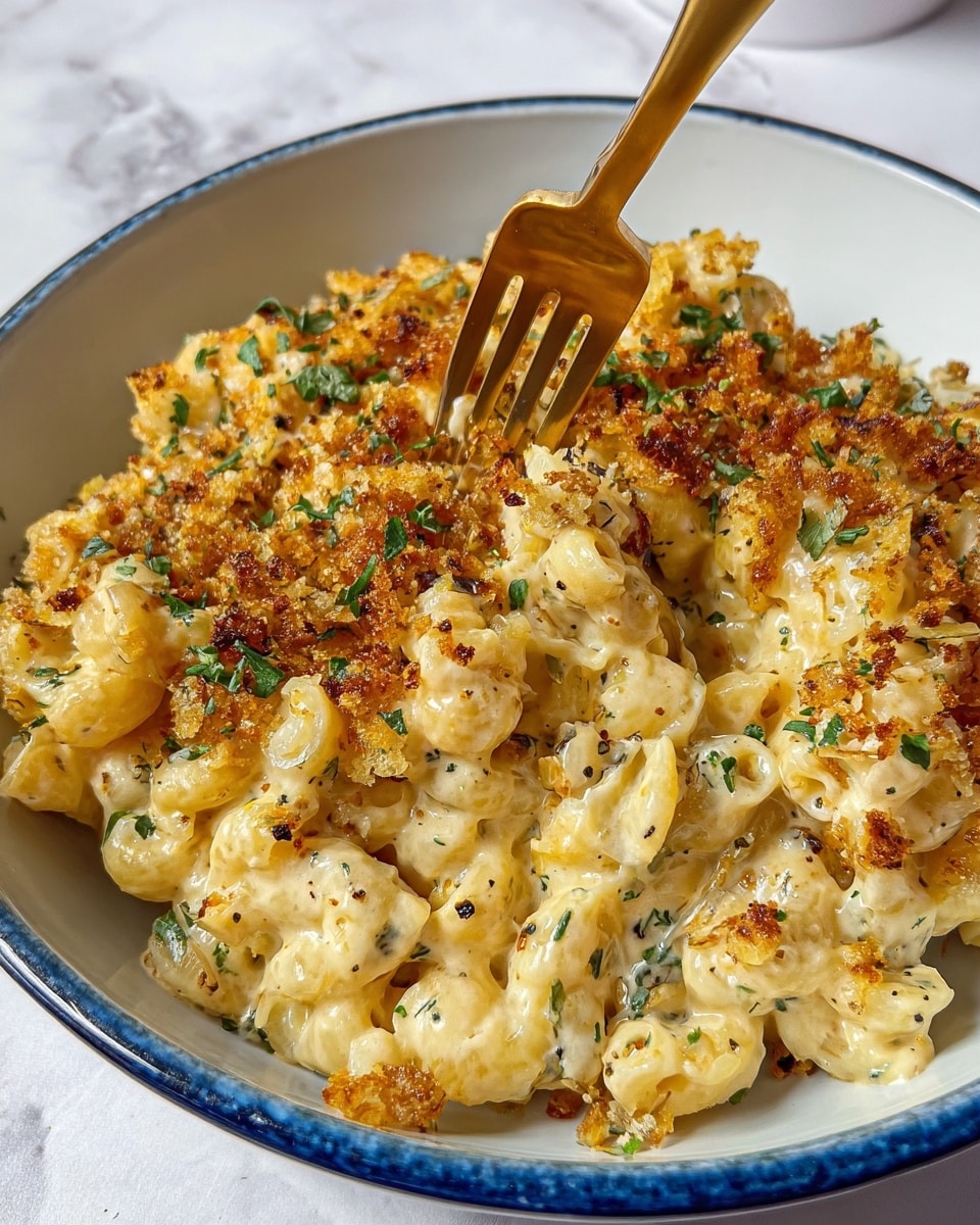 A bowl of creamy macaroni and cauliflower dish with three visible layers: the top layer is golden brown breadcrumbs and herbs scattered unevenly, the middle layer shows pale yellow macaroni mixed with white creamy sauce and cauliflower pieces, and the bottom layer is not fully visible but supports the mix; the pasta pieces have a smooth, slightly shiny texture, and small green herb bits are mixed throughout; the bowl is white with a subtle blue rim and sits on a white marbled surface; a gold-colored spoon is partially inserted into the dish from the right side. photo taken with an iphone --ar 4:5 --v 7