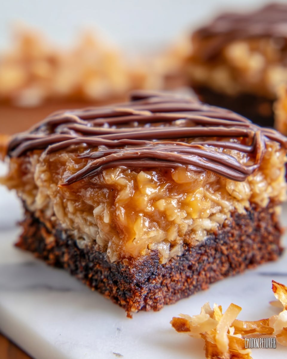 A close-up view of a dessert bar showing two main layers: the bottom layer is a dark, moist, crumbly chocolate base, and the top layer is a glossy, gooey caramel coconut mixture with shredded coconut pieces in light beige and golden brown colors. Two thin, dark chocolate drizzle lines run across the top layer, adding texture and contrast. The dessert piece sits on a wooden board with some toasted coconut flakes scattered around, all on a white marbled surface. Photo taken with an iphone --ar 4:5 --v 7