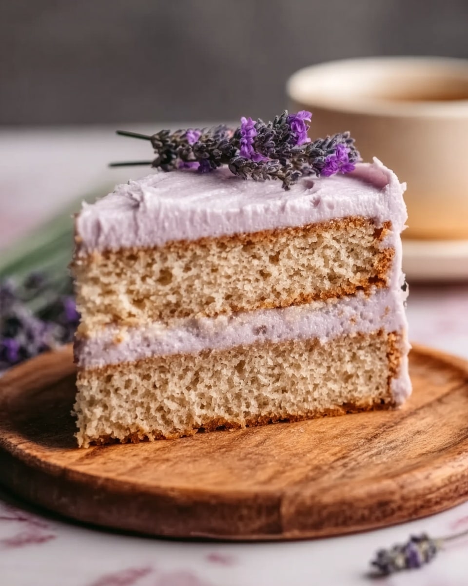 A close-up of a two-layer cake slice on a wooden board with a white marbled background. The cake layers are light brown and fluffy with a smooth light purple frosting between them and covering the top and sides. On top, there are two small fresh lavender sprigs placed neatly, adding a soft purple color contrast. The texture of the frosting on the sides looks creamy and even, while the cake inside appears moist and airy. photo taken with an iphone --ar 4:5 --v 7