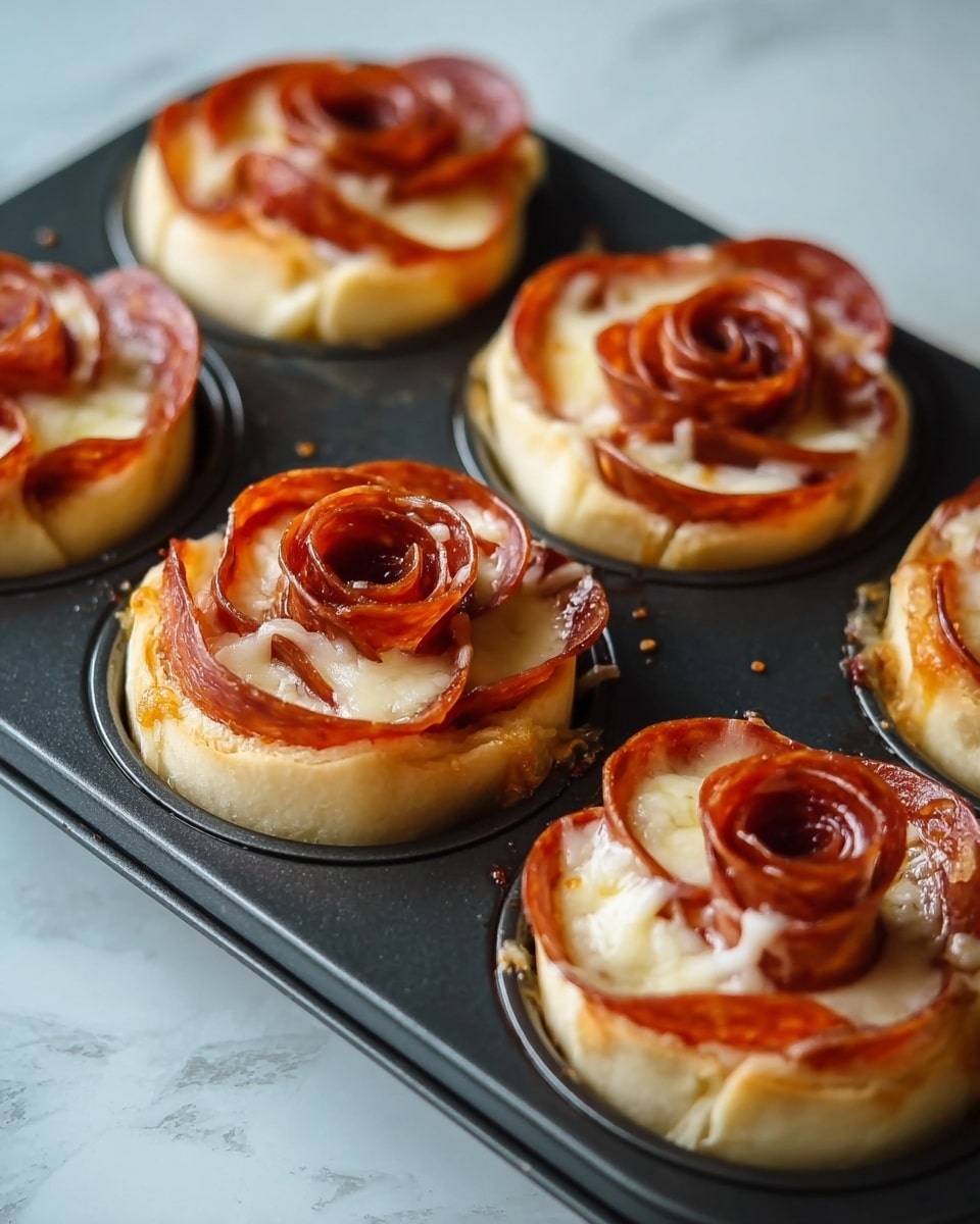 The image shows a close-up of six baked pizza buns in a dark non-stick muffin tray resting on a white marbled surface. Each bun has three main layers: the base is a round, golden-brown dough layer with a soft texture, the middle layer is melted white cheese that softly oozes in spots, and the top layer is arranged circular slices of reddish-brown pepperoni shaped like rose petals with a slightly crispy edge. The buns have a spiral rose shape formed by the pepperoni on top, giving them a detailed and textured look. Photo taken with an iphone --ar 4:5 --v 7