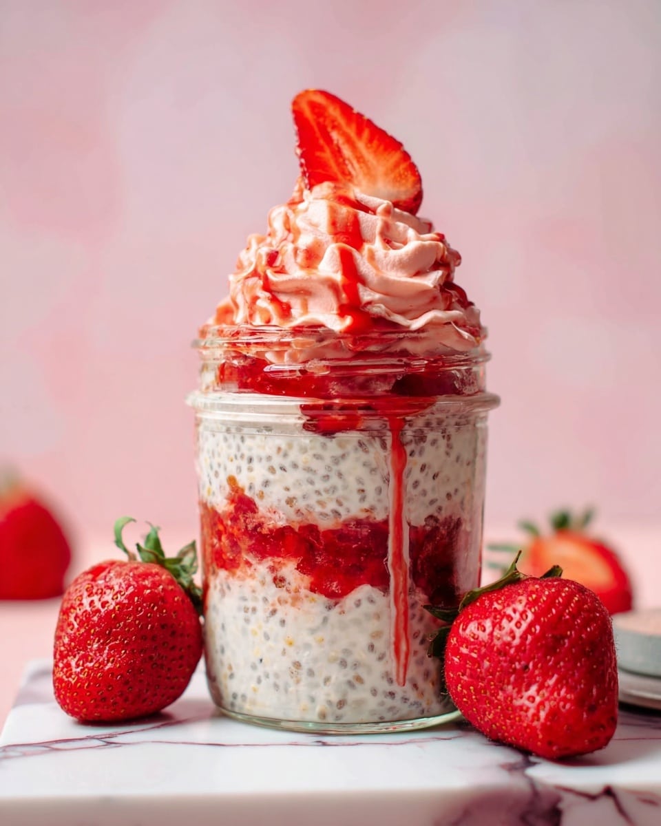 The image shows a small glass jar filled with a layered dessert. The bottom layer is light cream with black chia seeds mixed in, giving it a speckled look. Above this is a bright red strawberry sauce with visible strawberry pieces, followed by another layer of the speckled cream. On top is a light pink whipped cream with red strawberry sauce drizzled over it. A half strawberry with its green leaves is placed vertically on the whipped cream. The jar is placed on a white marbled surface, and there are two whole strawberries, one on each side of the jar in the foreground. The background is pink with a blurred second jar and a glass bowl visible. photo taken with an iphone --ar 4:5 --v 7