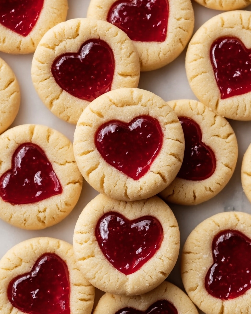 The image shows many round cookies with a creamy beige color as the base layer and a shiny, bright red heart-shaped jam filling in the center of each cookie. The cookies have a slightly cracked texture on the surface around the jam, which is smooth and glossy. The cookies are placed closely together, covering the whole frame, on a white marbled surface. photo taken with an iphone --ar 4:5 --v 7