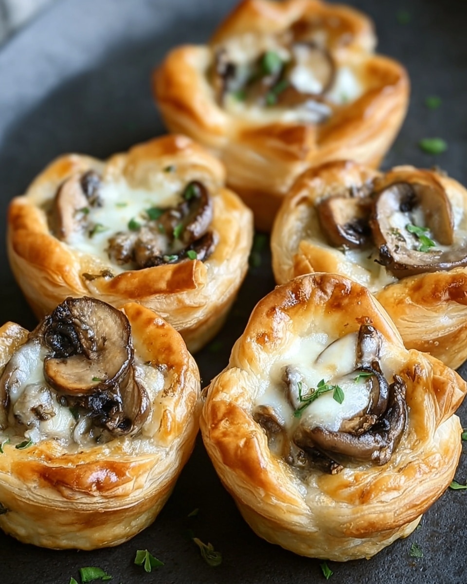 The image shows five small round pastries on a dark baking tray, each with a golden-brown, flaky puff pastry shell forming a raised rim around the filling. Inside, there are layers of melted white cheese covering sautéed brown mushroom pieces, with a slight glossy finish indicating warmth. The edges of the pastry are crisp and slightly shiny from baking, and small green herb specks are visible on top of the filling, adding a hint of color. The pastries are arranged closely together yet not touching, with the textures of both the puff pastry and filling clear and distinct. photo taken with an iphone --ar 4:5 --v 7