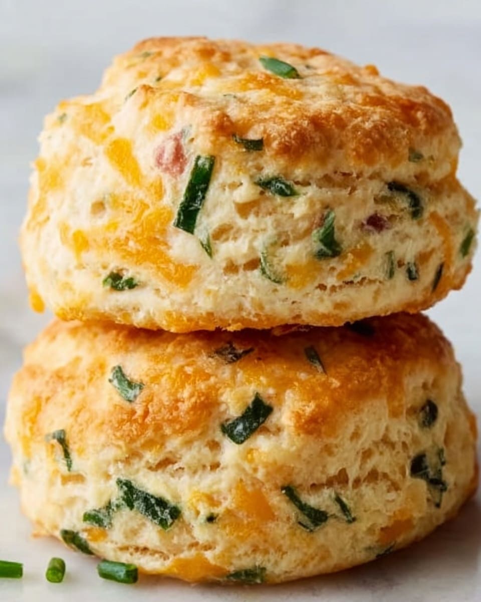 The image shows a close-up of two savory biscuits stacked on top of each other on a white marbled surface. Each biscuit has a golden-brown top with a slightly rough texture. The inside layers are light yellow, soft, and fluffy, filled with visible small pieces of green herbs, black olives, and bits of pink ham. The biscuits have a round shape with slightly uneven edges and a crispy outer layer. The lighting highlights the texture and colors, making the biscuits look fresh and appetizing. Photo taken with an iphone --ar 4:5 --v 7